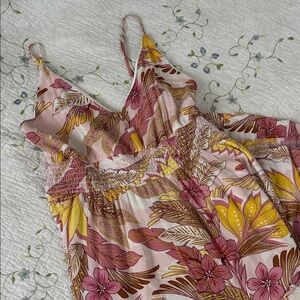 Suzy Shier Floral Maxi Dress Size Large Pink Yellow Boho Flowy Tiered Sundress